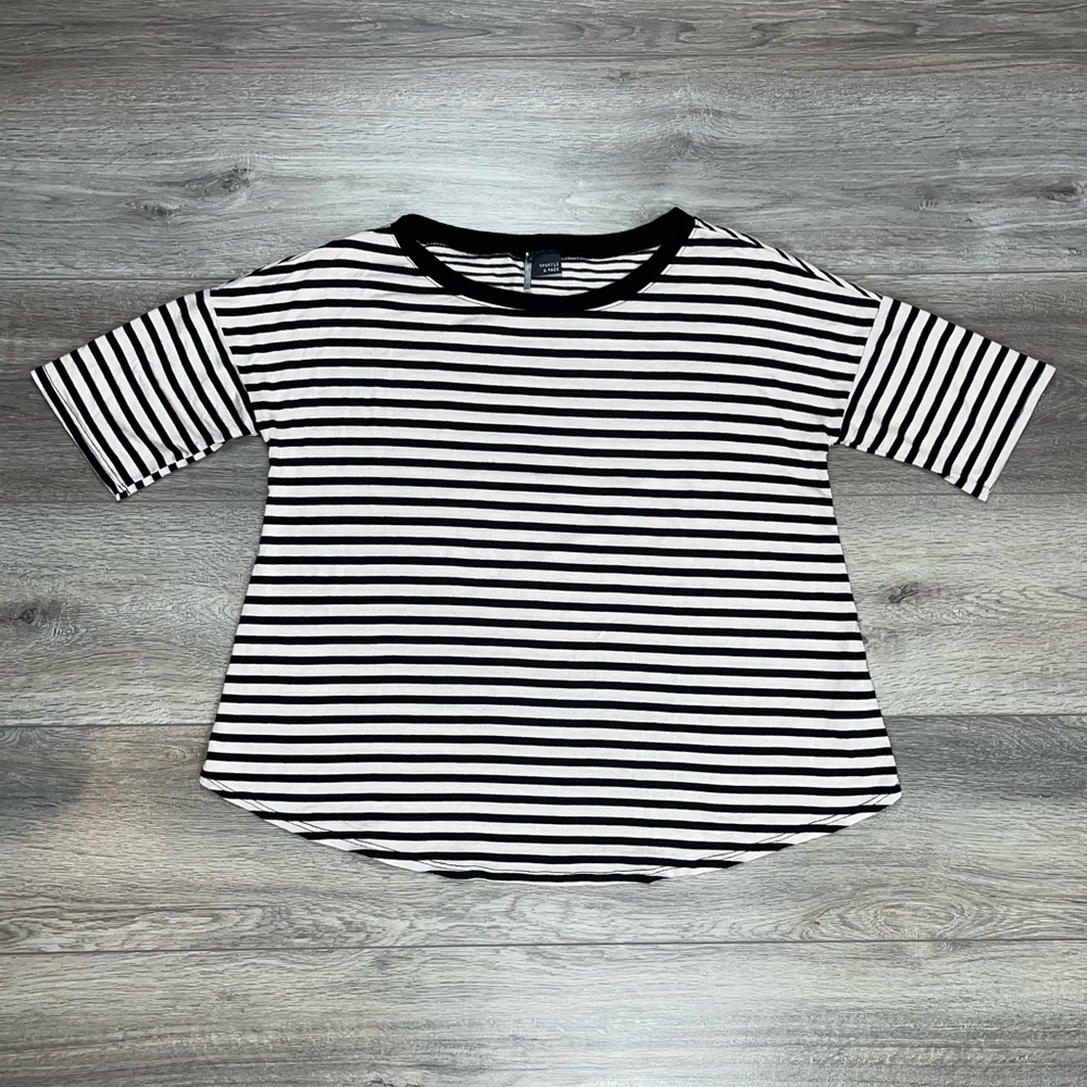 Sparkle & Fade Striped Elbow Sleeve Shirt Small Black Cream - Picture 2 of 13